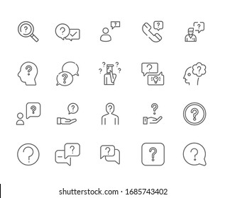 Juego de preguntas relacionadas Iconos de línea de vectores relacionados. Contiene dichos iconos como información, respuesta, comentario, soporte y más. - Vector 