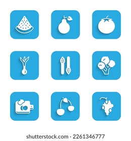 Set Asparagus, Cherry, Grape fruit, Broccoli, Cutting board with vegetables, Onion, Tomato and Watermelon icon. Vector