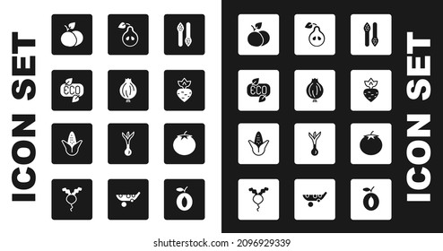 Set Asparagus, Garlic, Leaf Eco symbol, Mango fruit, Turnip, Pear, Tomato and Corn icon. Vector