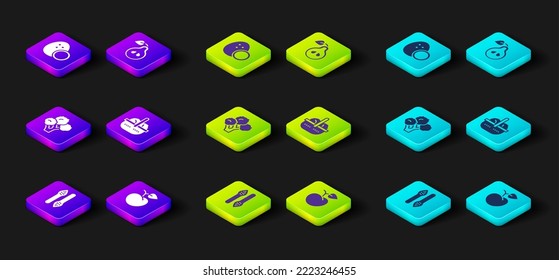 Set Asparagus, Peach fruit or nectarine, Broccoli, Basket and food, Pear and Coconut icon. Vector