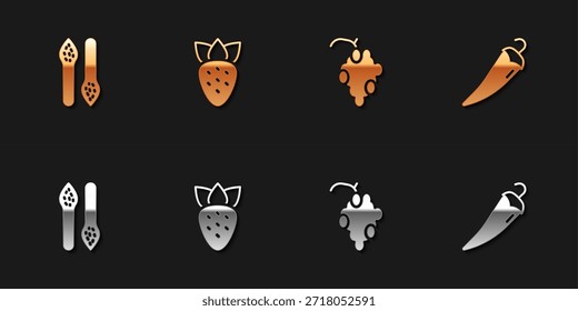 Conjunto de espárragos, fresa, fruta de uva y chile picante icono. Vector