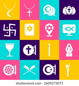 Set Aspergillum, Hands in praying position, Christian fish, Star crescent, Jewish torah book, Hindu swastika, chain and of David icon. Vector