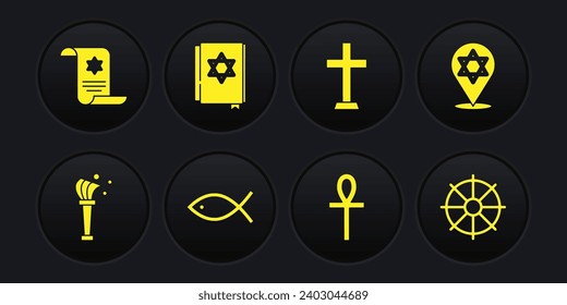 Set Aspergillum, Star of David, Christian fish, Cross ankh, cross, Jewish torah book, Dharma wheel and Torah scroll icon. Vector