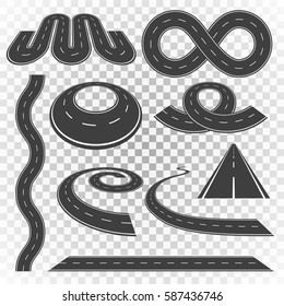 Set of asphalt road curves, perspectives, turns, twists, circles, elements, transport vector illustration of highway with white markings isolated on transparent background.