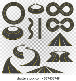 Set of asphalt road curves, perspectives, turns, twists, circles, elements, transport vector illustration of highway with yellow and white markings isolated on transparent background.