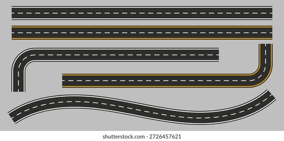 Set of Asphalt Road Elements with Different Highway Curves and Straight Paths; Vector Street Map Construction Kit with White and Yellow Lines for Navigation and Infographic Design