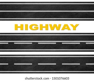 Set of asphalt roads. Road Marking on a White Isolated Background. Top View. Straight Highway Infographic Templates. Realistic texture.