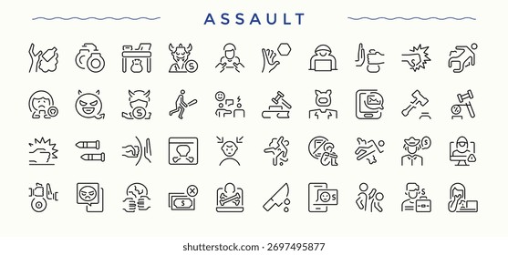 Conjunto de ícone de linha de assalto. Pacote de agressivo, sexual, assédio, molesto, homem e muito mais. Traçado de vetor editável minimalista. Conjunto de ícones simples molest. Vetor editável.