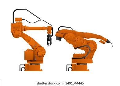 Set of assembly handling and welding robots isolated on white background. Vector illustration EPS 10.
