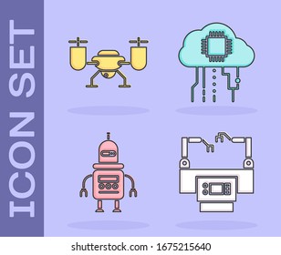 Establecer línea de montaje, vuelo de drones con cámara de acción, Robot e Internet de cosas icono. Vector