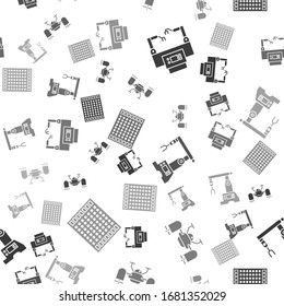 Set Assembly line, Drone flying with action camera, Assembly line and Printed circuit board PCB on seamless pattern. Vector