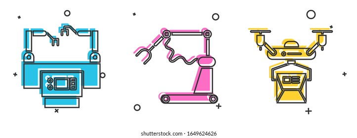 Establecer línea de montaje, fábrica de robots robotizados de máquina industrial y icono de concepto de entrega de drones. Vector