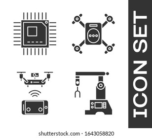 Set Assembly line, Processor with microcircuits CPU, Remote aerial drone and Drone flying with action camera icon. Vector