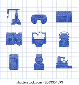 Set Assembly line, Robot doctor, Factory conveyor system belt, Worker robot, Computer api interface, Printed circuit board PCB, Software, web developer programming code and  icon. Vector