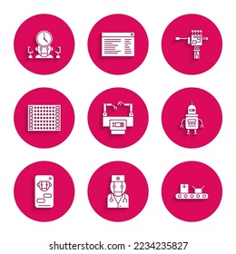 Fijar la línea de montaje, el médico robot, la correa del contenedor con caja de cartón, el robot, el PCB del circuito impreso, la mano del robot mecánico y el destornillador e icono del gestor de tiempo digital. Vector