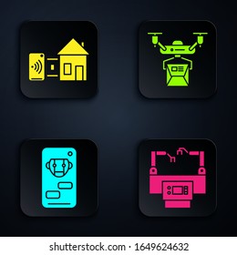 Set Assembly line, Smart home, Bot and Drone delivery concept. Black square button. Vector