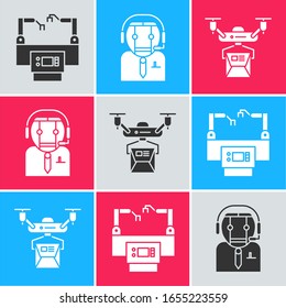 Set Assembly line, Worker robot and Drone delivery concept icon. Vector