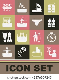 Set Assessment of judges, Compass, Life jacket, Windsurfing, Water skiing man, polo, Canoe rowing team sports and Swimming trunks icon. Vector