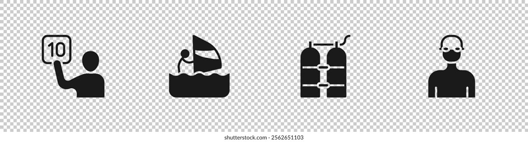 Set Assessment of judges, Windsurfing, Aqualung and Swimmer icon. Vector