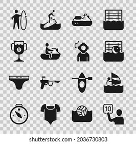 Set Assessment of judges, Windsurfing, Water polo, Jet ski, Award cup, Surfboard and Aqualung icon. Vector