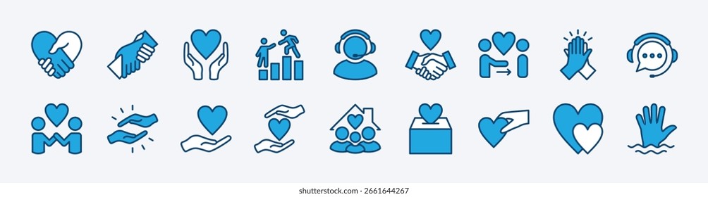 Hilfssymbolvektor. Enthält Hilfe, Betreuung, soziales Unterstützungsteam, Nächstenliebe, spenden, Freiwillige, Handschlag Herz, Paar, Freunde, Freundschaft, Partnerschaft, Spende, Familie, zusammen