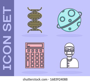 Set Assistant, DNA symbol, Calculator and Planet icon. Vector