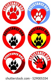 Set of assistant dog emblems and sticker. Motif of dog track, heart, human hand. Distinctive collection in vivid colors.