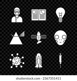 Set Assistant, Open book, Light bulb with concept of idea, Bacteria, Space shuttle and rockets, Syringe, rays prism and Satellite icon. Vector