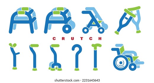 Set of assistive medical devices crutches and  sticks icons or Symbols. Crutches, wheelchairs and walkers. Canes, cane with additional support, elbow crutch, telescopic crutch. Vector.