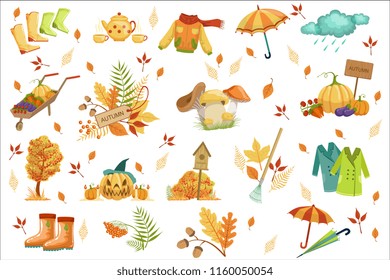 Set Of Associated With Autumn Objects. Seasonal Symbols In Cute Detailed Cartoon Style