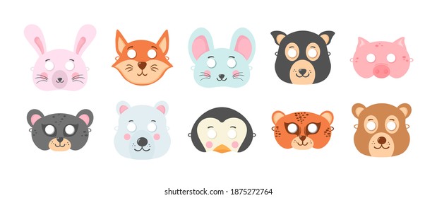 Máscara de animales variados en la cara, disfraz, accesorio de fiesta, máscaras de papel animal DIY, mascarillas de accesorios de cabina de fotos. Carnaval de animales mascarilla decoración festival mascarada. Ilustración vectorial, eps 10.