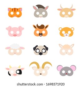 Set of assorted animal masks, DIY toys, dress up costumes mask, party supplies, birthday party favors, play accessories, photo booth props for kids. Flat vector stock illustration on white background.