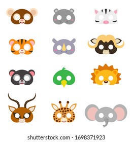 Set of assorted animal masks, DIY toys, dress up costumes mask, party supplies, birthday party favors, play accessories, photo booth props for kids. Flat vector stock illustration on white background.