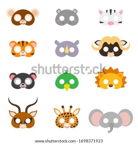 Set of assorted animal masks, DIY toys, dress up costumes mask, party supplies, birthday party favors, play accessories, photo booth props for kids. Flat vector stock illustration on white background.