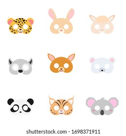 Set von verschiedenen Tiermasken auf Gesicht, Kleidung, Partyzubehör, Heimtierpapiermasken, Requisiten für Fotokabinen. Kostümpartydesign-Element. Flache Vektorillustration auf weißem Hintergrund.