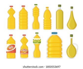 Set of assorted bottles with vegetables oil flat vector illustration isolated on white background