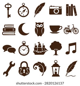Set of assorted brown silhouette icons on white background, including objects like keys, compass, feather, camera, books, owl, cup, bicycle, speech bubble, clock, lock and lamp.