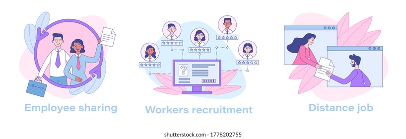 Set of assorted business illustrations including employee sharing, workers recruitment and distance job. Vector drawing