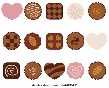 A set of assorted chocolate icons arranged on a white background.