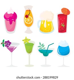 A set of assorted colorful beverages and drinks stock vector illustration.