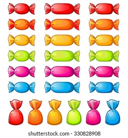 Set of assorted colorful wrapped candies isolated over white