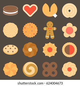 Set of assorted cookies in flat design icon, such as gingerbread,chocolate chip, pinwheel, spiral, heart shape, sandwich and fortune cookies