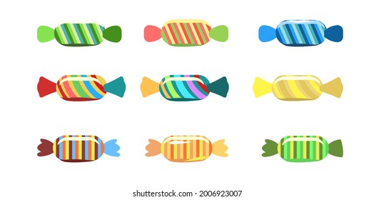 Set. Assorted dessert sweets. Candy caramel. In a wrapper. Flat cartoon background illustration. Vector