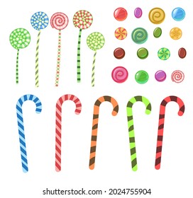Set. Assorted dessert sweets. Candy caramel. Round lollipops stick and hooks. Flat cartoon background illustration. Vector