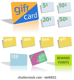 Set of assorted financial cards with shadows and reflections. Gift, Credit, Debit, Bank Cards.