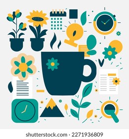 Set of assorted flat icons for relaxing at work. Cool illustration of a coffee cup, clocks, plants and flowers in blue, yellow and green tones