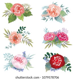 Set of assorted floral elements, vector illustration.