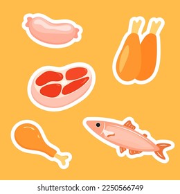 Set assorted food. Ingredients for cooking. Fish, meat, turkey, chicken, sausage. Flat style. Cute stickers.