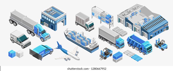 Set of assorted freight transport and storage facilities of blue color