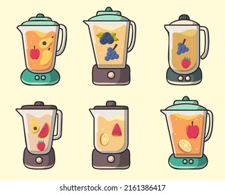 Conjunto de zumos de frutas variados en combinación de vidrio con sandía, naranja, fresa, aguacate, mora y otros para bebidas saludables estilo de dibujo aislado en fondo blanco